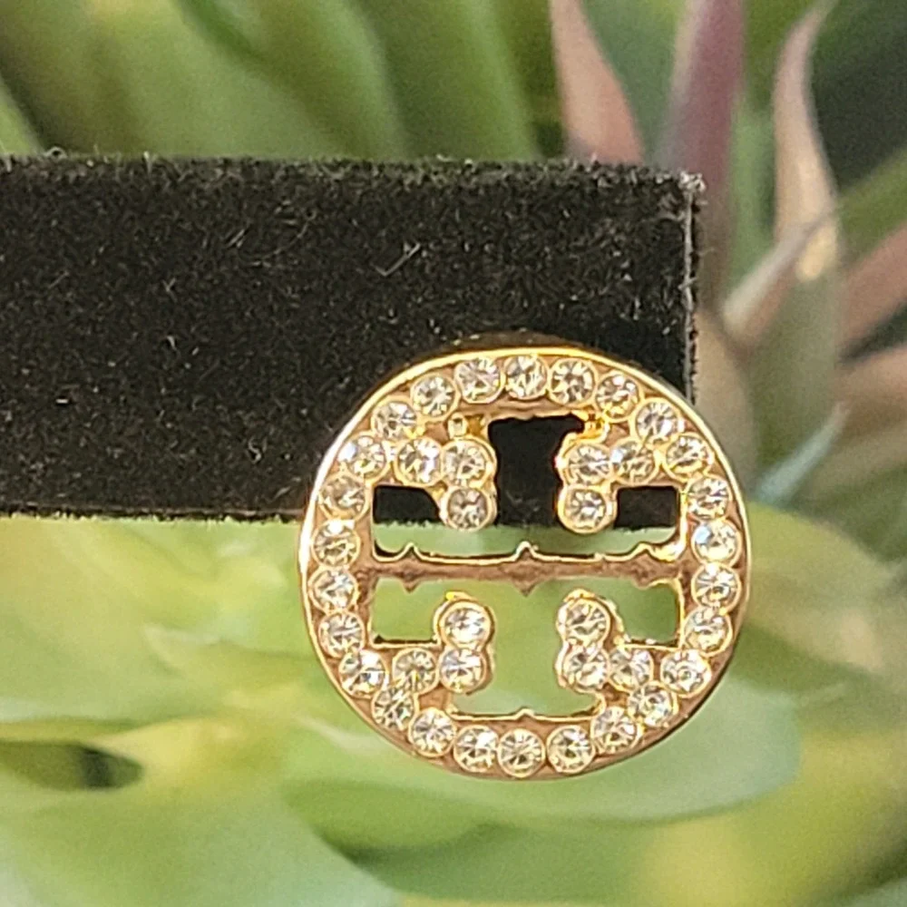 Tory Burch Miller Pave Double T Logo Gold Tone Crystal Stud Earrings